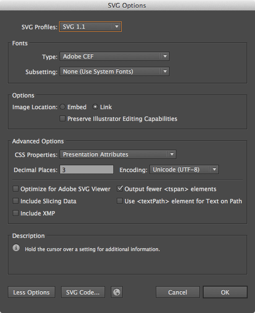 Default SVG options in Illustrator